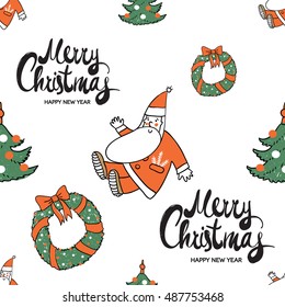 Christmas seamless pattern with Merry Christmas lettering, wreath, tree, greeting Santa Claus. Beautiful vector background for decoration xmas designs. Cute minimalistic art elements on white backdrop