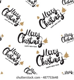 Christmas seamless pattern with Merry Christmas lettering. Beautiful vector background for decoration xmas designs. Cute minimalistic art elements on white backdrop.