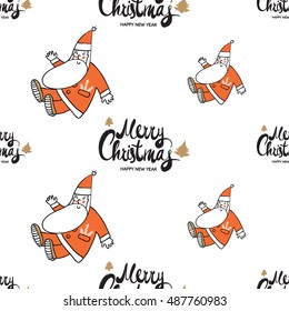 Christmas seamless pattern with Merry Christmas lettering and greeting Santa Claus. Beautiful vector background for decoration xmas designs. Cute minimalistic art elements on white backdrop.