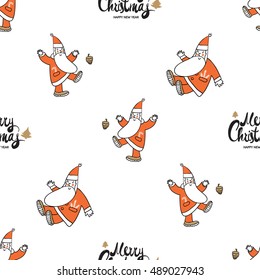 Christmas seamless pattern with Merry Christmas lettering, dancing Santa Claus kicking cone, greeting Santa Claus. Beautiful vector background for decoration xmas designs.