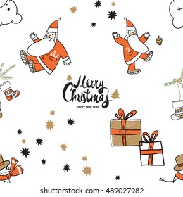 Christmas seamless pattern with Merry Christmas lettering, stocking on fir twig, snowman, stars, gift boxes with presents, Santa Claus. Beautiful vector background for decoration xmas designs.