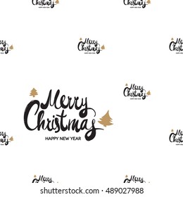 Christmas seamless pattern with Merry Christmas lettering. Beautiful vector background for decoration xmas designs. Cute minimalistic art elements on white backdrop.