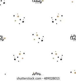 Christmas seamless pattern with Merry Christmas lettering and magic stars. Beautiful vector background for decoration xmas designs. Cute minimalistic art elements on white backdrop.