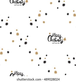 Christmas seamless pattern with Merry Christmas lettering and magic stars. Beautiful vector background for decoration xmas designs. Cute minimalistic art elements on white backdrop.