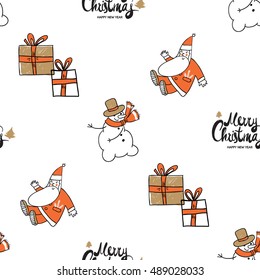 Christmas seamless pattern with Merry Christmas lettering, snowman, gift boxes with presents, greeting Santa Claus. Beautiful vector background for decoration xmas designs.