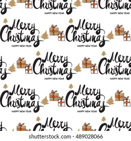 Christmas seamless pattern with Merry Christmas lettering and gift boxes with presents. Beautiful vector background for decoration xmas designs. Cute minimalistic art elements on white backdrop.