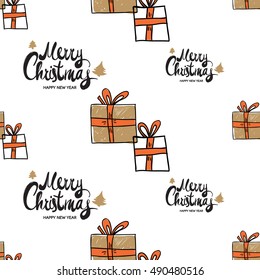 Christmas seamless pattern with Merry Christmas lettering and gift boxes with presents. Beautiful vector background for decoration xmas designs. Cute minimalistic art elements on white backdrop.