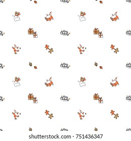 Christmas seamless pattern with Merry Christmas lettering, snowman, sweet gingerbread men, gift boxes with presents, dancing Santa Claus kicking cone, fir cones.