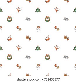 Christmas seamless pattern with Merry Christmas lettering, wreath, xmas tree, snowman, sweet gingerbread men, gift boxes with presents, dancing Santa Claus kicking cone, greeting Santa Claus.
