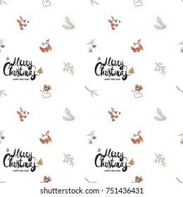 Christmas seamless pattern with Merry Christmas lettering, spruce twigs, xmas socks, snowman, Santa Claus.