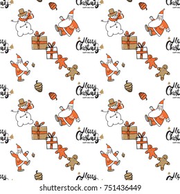 Christmas seamless pattern with Merry Christmas lettering, snowman, sweet gingerbread men, gift boxes with presents, dancing Santa Claus kicking cone, fir cones.
