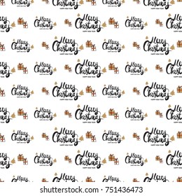 Christmas seamless pattern with Merry Christmas lettering and gift boxes with presents. Beautiful vector background for decoration xmas designs. Cute minimalistic art elements on white backdrop.