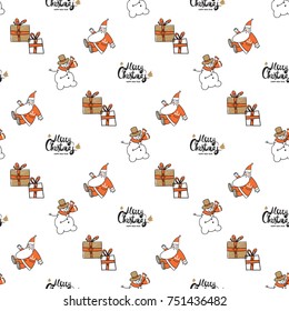Christmas seamless pattern with Merry Christmas lettering, snowman, gift boxes with presents, greeting Santa Claus. Beautiful vector background for decoration xmas designs.