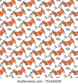 Christmas seamless pattern with Merry Christmas lettering and greeting Santa Claus. Beautiful vector background for decoration xmas designs. Cute minimalistic art elements on white backdrop.