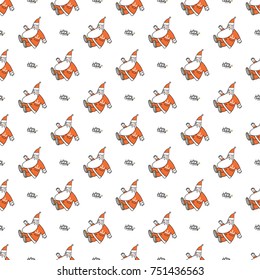 Christmas seamless pattern with Merry Christmas lettering and greeting Santa Claus. Beautiful vector background for decoration xmas designs. Cute minimalistic art elements on white backdrop.