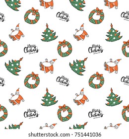Christmas seamless pattern with Merry Christmas lettering, christmas wreath, christmas tree, greeting Santa Claus. Beautiful vector background for decoration xmas designs.