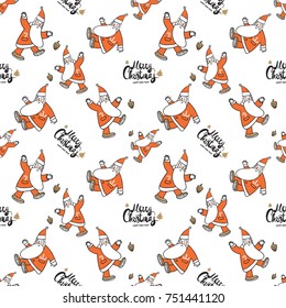 Christmas seamless pattern with Merry Christmas lettering, dancing Santa Claus. Beautiful vector background for decoration xmas designs.