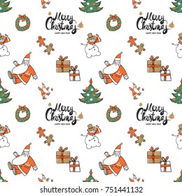 Christmas seamless pattern with Merry Christmas lettering, wreath, xmas tree, snowman, sweet gingerbread men, gift boxes with presents, greeting Santa Claus.