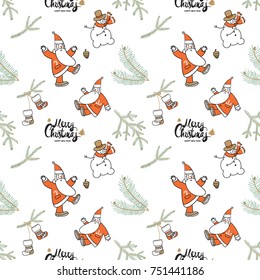 Christmas seamless pattern with Merry Christmas lettering, fir twig, snowman, greeting Santa Claus.