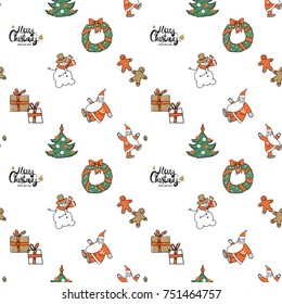 Christmas seamless pattern with Merry Christmas lettering, xmas wreath, fir tree, snowman, sweet gingerbread men, gift boxes with presents, greeting Santa Claus.