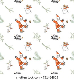 Christmas seamless pattern with Merry Christmas lettering, xmas stocking on fir twig, snowman, Santa Claus.