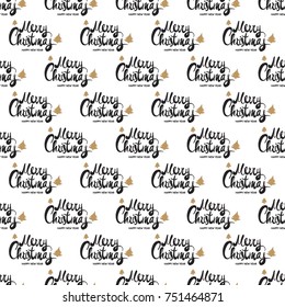 Christmas seamless pattern with Merry Christmas lettering. Beautiful vector background for decoration xmas designs. Cute minimalistic art elements on white backdrop.