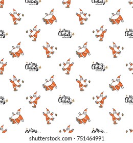 Christmas seamless pattern with Merry Christmas lettering, dancing Santa Claus kicking cone, greeting Santa Claus. Beautiful vector background for decoration xmas designs.