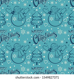 Christmas seamless pattern. Merry snowman with Christmas tree and stars. Vector.