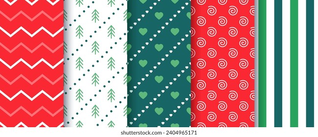 Christmas seamless pattern. Merry Xmas New year background. Prints with zigzag, tree, stripes and spirals. Set red green textures. Vector Illustration