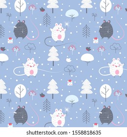 Christmas seamless pattern. Mice in the forest celebrate New Year 2020. Christmas tree in the snow. Children's cute illustration.  Falling snow outdoors.