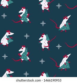 Christmas seamless pattern with mice and snowflakes. Vector.