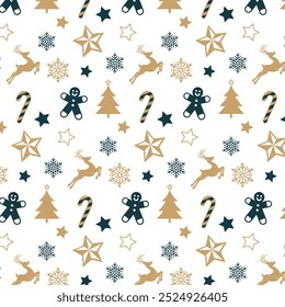 Natal padrão sem emenda. Design de fundo mínimo com enfeites de Natal. Flocos de neve, bengalas, estrelas e árvores de Natal. Ilustração vetorial