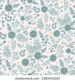 Christmas seamless pattern with mint-colored berries, mint holly leaves and flowers on a white background. Scandinavian style. Perfect for winter holidays, Christmas wallpaper, wrapping paper, fabric.