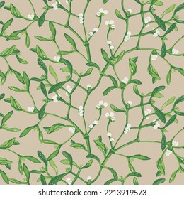 Weihnachtsnahtloses Muster, Mistelwein, beiger Hintergrund. Grüne Blätter, Beeren. Vektorgrafik. Naturdesign. Saison Gruß. Winterferien in den Weihnachtsferien