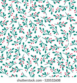 Christmas seamless pattern with mistletoe and berry. Perfect for greeting cards, wallpaper, gift paper, web page background, winter decorations.