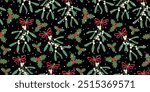 Christmas seamless pattern with mistletoe and bow on black background. Christmas wrapping paper.  Winter vector illustration.