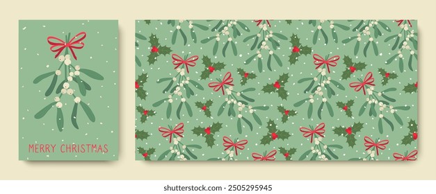 Christmas seamless pattern with mistletoe and bow. Merry Christmas, мistletoe branch with red bow on green background for greeting cards. Winter vector illustration.