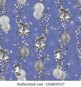 Christmas seamless pattern with mistletoe branch, berries, 
bows and balls on blue background. For festive season design, textile, print, wallpapers, greeting cards, invitation, posters. Vector.