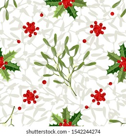 Christmas seamless pattern with mistletoe branches and holly berries on white background, vector illustration.