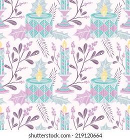 Christmas seamless pattern with mistletoe, candles and holly lea