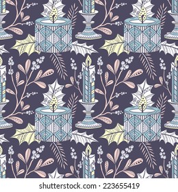 Christmas seamless pattern with mistletoe, candles and holly lea