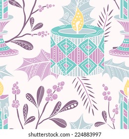 Christmas seamless pattern with mistletoe, candles and holly lea