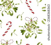 Christmas seamless pattern with mistletoe and candy cane. Festive decor. Stock vector illustration on a white background.