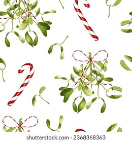 Christmas seamless pattern with mistletoe and candy cane. Festive decor. Stock vector illustration on a white background.