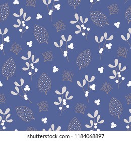Christmas seamless pattern with mistletoe, cones and berries on blue background. Perfect for holiday invitations, winter greeting cards, wallpaper and gift paper 