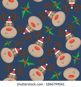 Christmas seamless pattern with mistletoe and deer, Surface design for textile, fabric, wallpaper, wrapping, gift wrap, paper, scrapbook and packaging. Vector