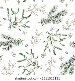 Christmas seamless pattern, mistletoe, fir twigs, snowflakes, white background. Vector illustration. Forest nature design. Season greeting. Winter holidays