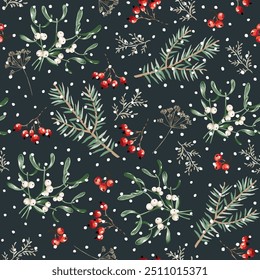 Christmas seamless pattern, mistletoe, fir twigs, red berries, snow, black night background. Vector illustration. Forest nature design. Season greeting. Winter holidays