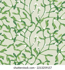 Weihnachtsnahtloses Muster, Mistelwein, grüner Hintergrund. Grüne Blätter, Beeren. Vektorgrafik. Naturdesign. Saison Gruß. Winterferien in den Weihnachtsferien