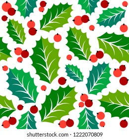 Christmas seamless pattern with mistletoe leaves and berries. Vector colorful illustration.